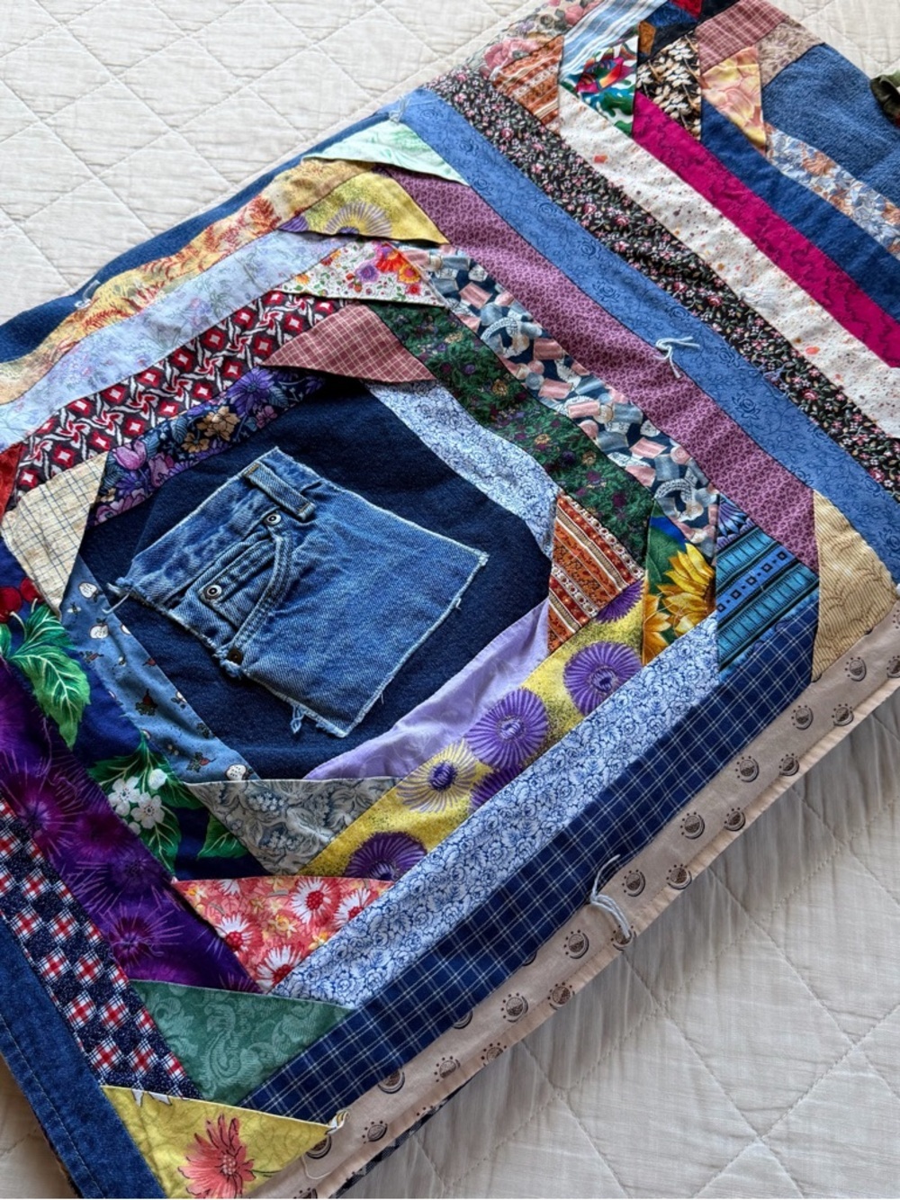 Denim Quilt Boho Patchwork 60x80 Folk Art Dorm Decor